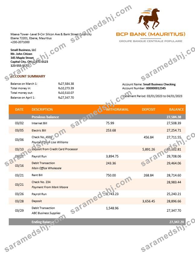 BCP Bank enterprise account statement Word and PDF template